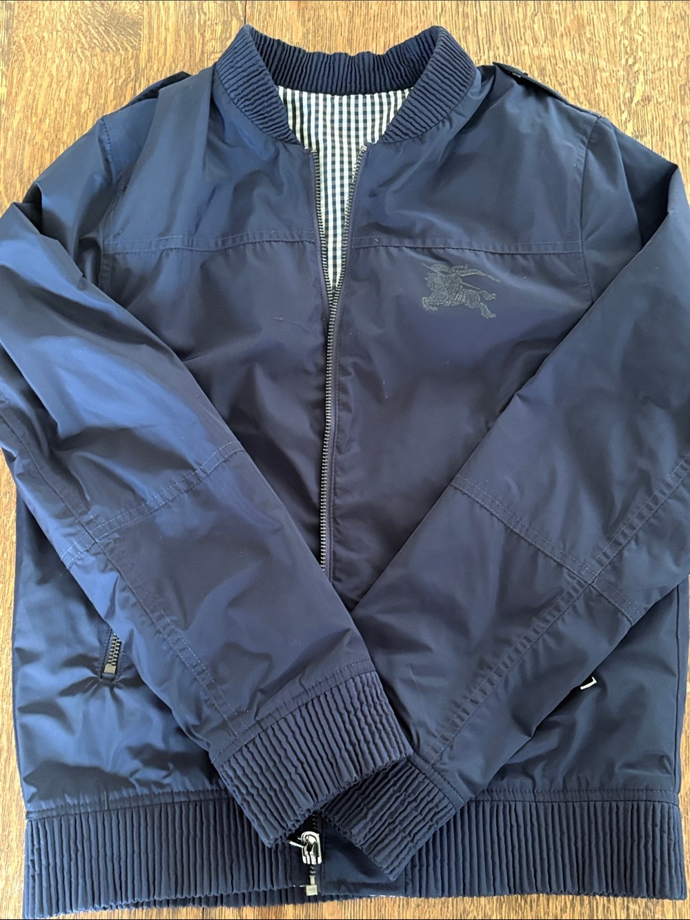 Burberry Navy and White Gingham Bomber Jacket boys 12 (reversible to navy)